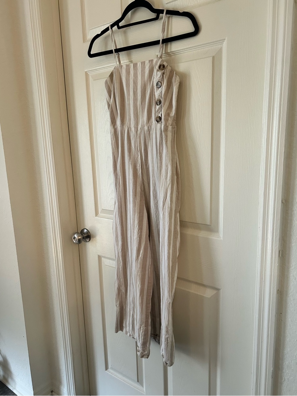 Japna Beige White Striped Linen Blend Wide Leg Jumpsuit - Size Medium - Picture 3 of 13